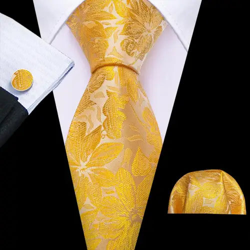 Barry.Wang Gold Beige Yellow Brown Tulip Silk Men Tie Handkerchief Cufflink Set Jacquard Necktie for Male Wedding Business Party