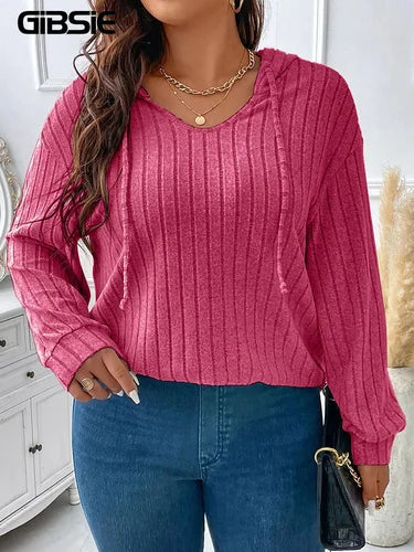 GIBSIE Plus Size Womens Tshirts Drawstring Hooded Long Sleeve Tops Tee Solid Ribbed Knit Casual T Shirts Fall Clothes 2023