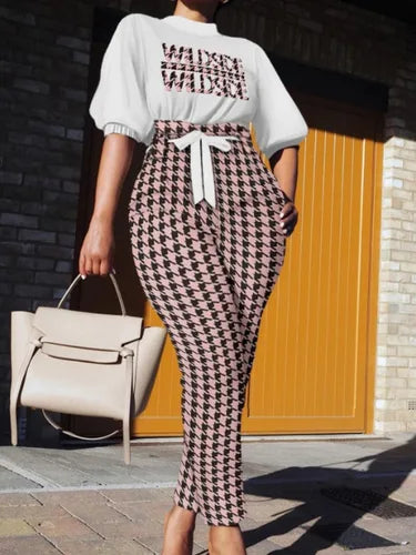 Fashion Plaid Print Two Pieces Sets Women's Autumn Lanntern Sleeve Top & High Waist Tied Slim Long Pants Casual Streetwear Set