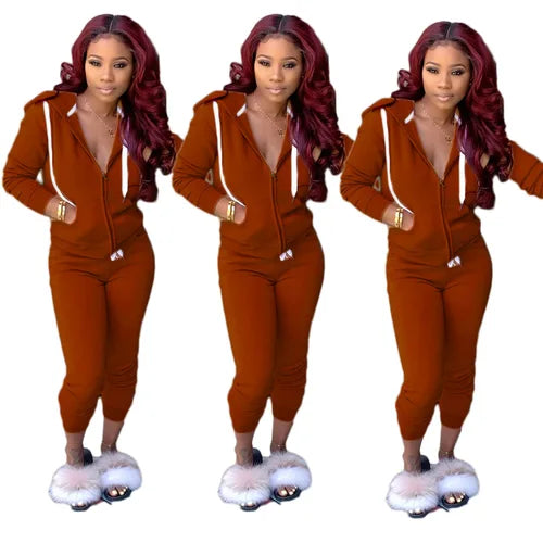 2 Pieces Set Women 2021 Fall Hot Style Europe women's Pure Color Fleece two-piece Suit Movement Sports Set Dropshipping ZXP9628