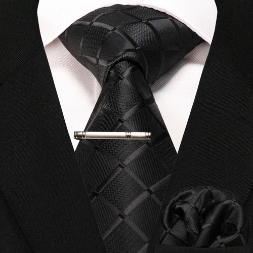 JEMYGINS New Fashion Black Plaid Men's Tie 8cm Silk Business Necktie Handkerchief Tie clips set Wedding Party Tie Gift For Men