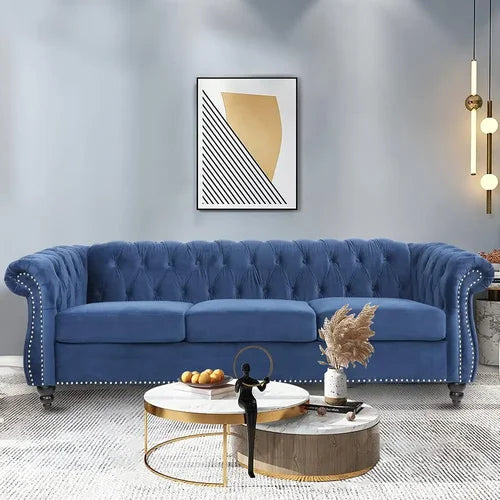 3 Seater Sofa, Mid-Century Modern Sofa Couch, 81.8" Chesterfield Velvet Upholstered Sofa with PU Armrest