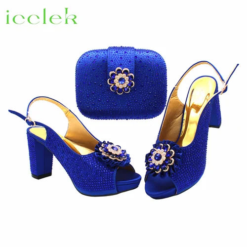 Newest Royal Blue Flower Design Elegant Design High Heel Ladies Sandal with Bag Set For Wedding Party Dress