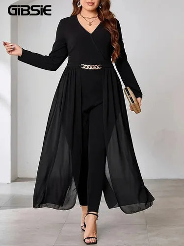 GIBSIE Plus Size Black Elegant V-neck Long Sleeve Jumpsuits Women Spring Fashion Party High Waist Slim Office Ladies Jumpsuit