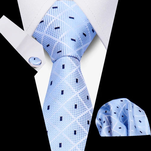 Luxurious Brand Designer Ties For Men Polyester Checkered Stripe Cufflinks Handkerchief Office Wedding Accessories Necktie Set