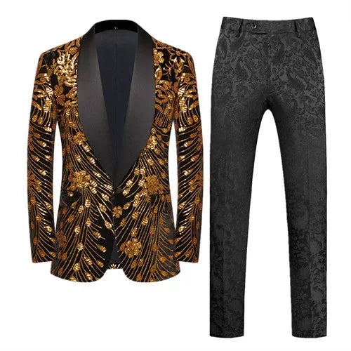 ( Jacket   Pant ) Fashion Men Luxurious Sequin Suit Green / Blue / Golden Male Wedding Dance Party Stage Performance Dress Sets