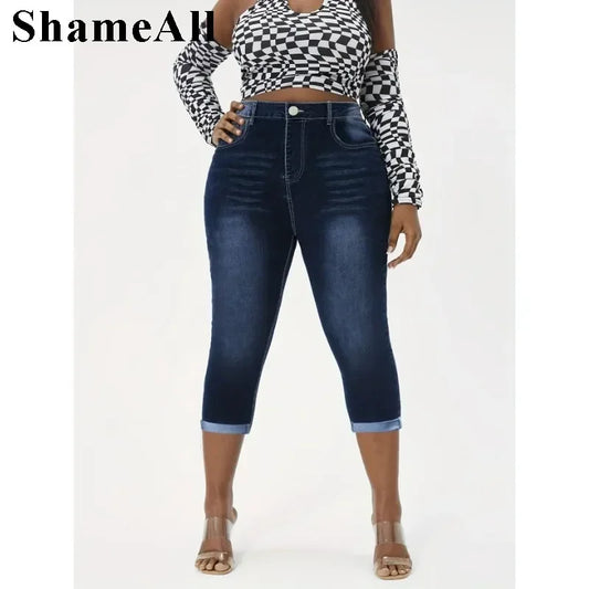 Women's Plus Size  Washed Button  High Rise Roll Up Hem Skinny Capri Jeans - AliExpress 200000345