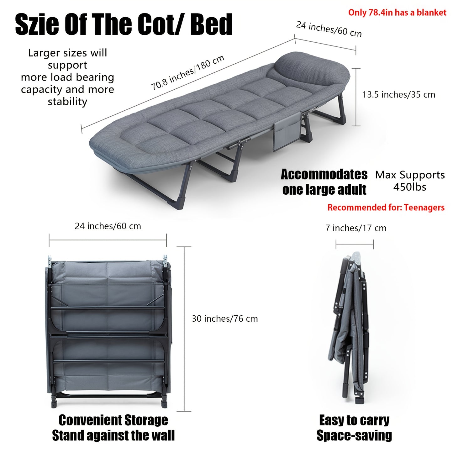 Sleeping Cots for Adults, Portable Foldable Guest Bed, 6 Adjustable Positions Folding Bed with Built-in Mattress and Pillow for Camping, Patio, Home, Office - 3 Size - Grey